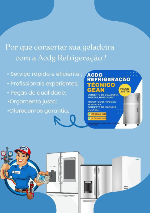 Acdg refrigeração, conserto de geladeira, bebedouro e freezer/ refrige